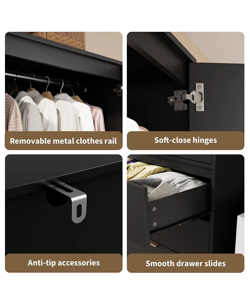 homfan Wooden Wardrobe Armoire, 69 Inch Wood Closet with Rattan Doors and Hanging Rod for Bedroom