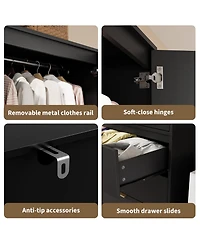 homfan Wooden Wardrobe Armoire, 69 Inch Wood Closet with Rattan Doors and Hanging Rod for Bedroom