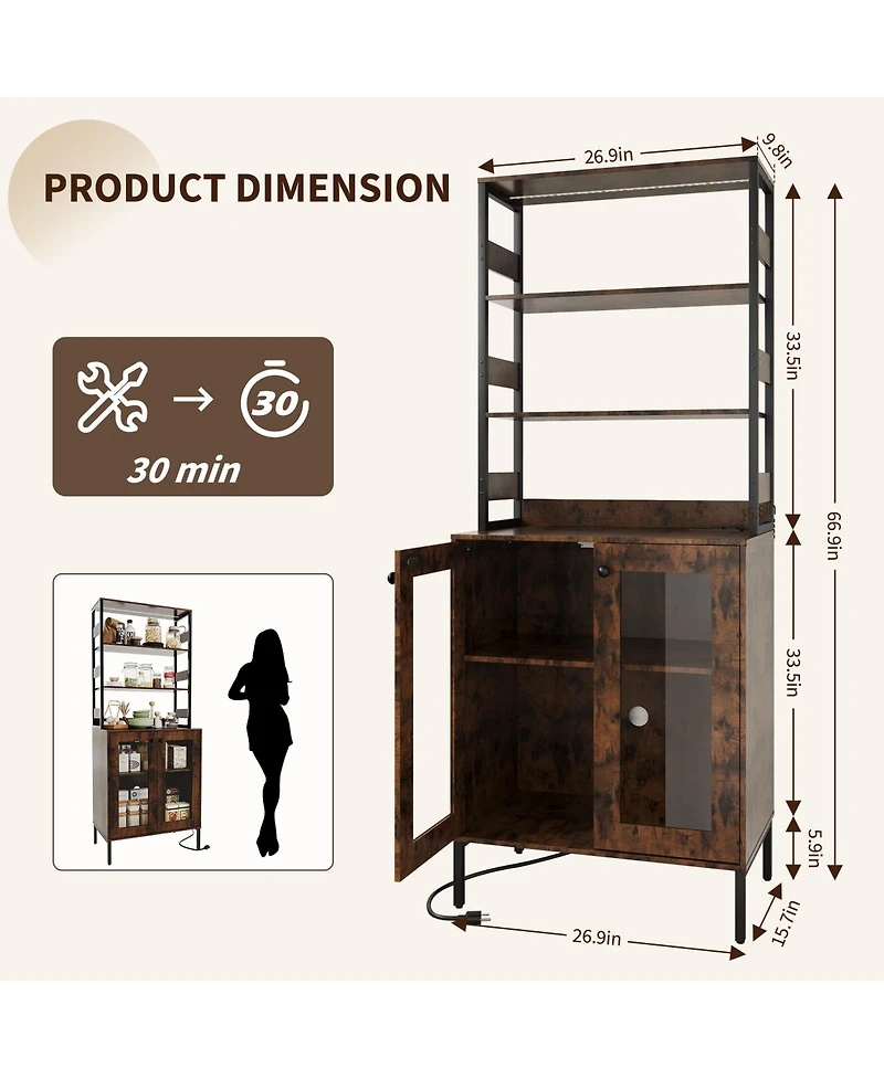 homfan 67-Inch Farmhouse Bakers Rack with Power Outlet and Led Lights, Coffee Bar Cabinet Storage