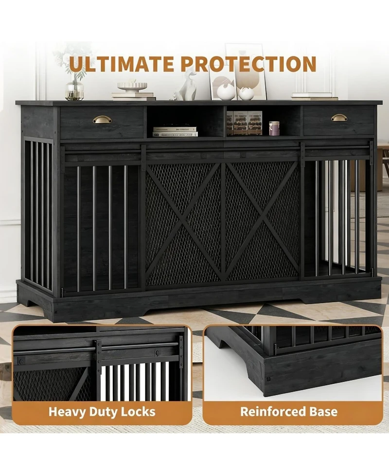 homfan Large Dog Crate – Furniture-Style Indoor Kennel with Sliding Doors, Removable Divider, 2 Drawers and Shelves, Tv Stand