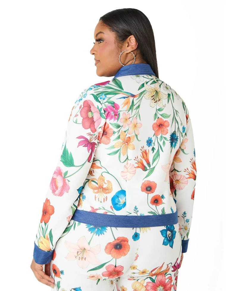 Ashley Stewart Plus Women's Denim Trimmed Floral Print Jacket