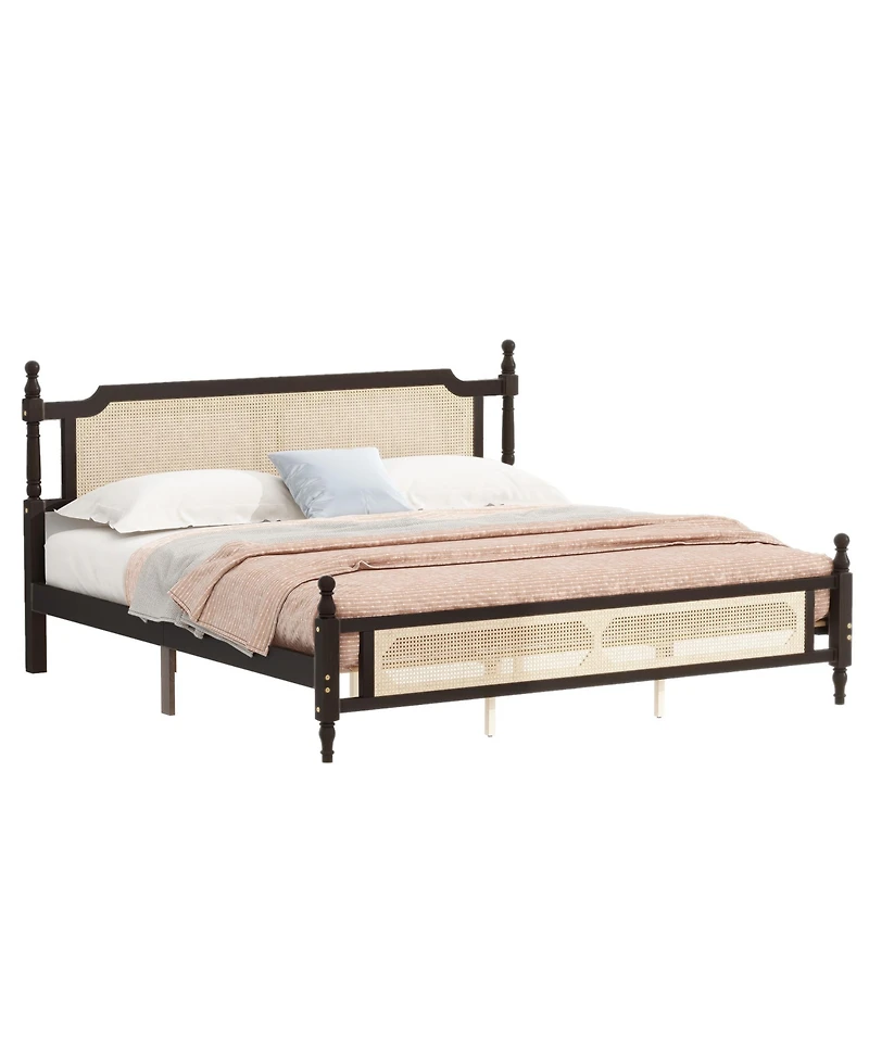 Sailvan Pine wooden Bed with Rattan Headboard and Footboard, Central Enhanced Bed Platform