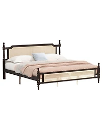 Sailvan Pine wooden Bed with Rattan Headboard and Footboard, Central Enhanced Bed Platform