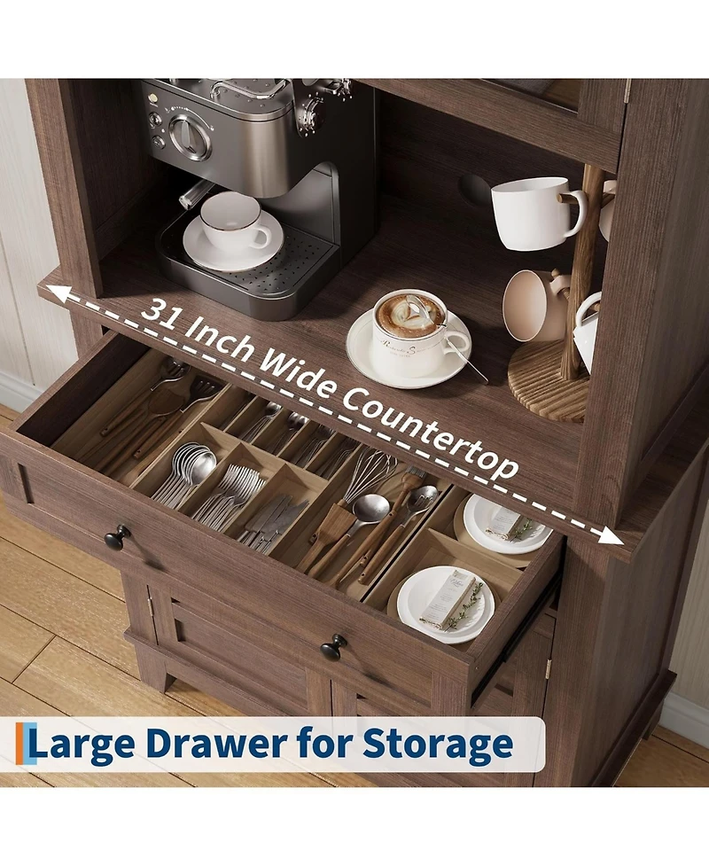 homfan 72" Farmhouse Coffee Bar Cabinet with Glass Doors, Drawer and Microwave Storage