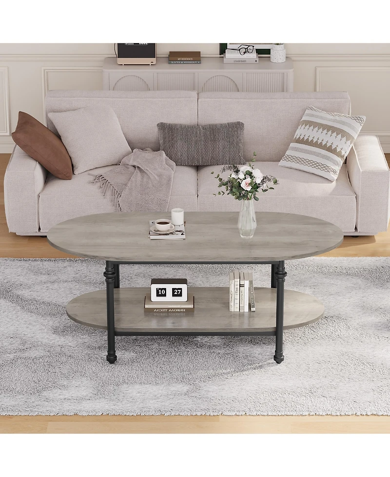 homfan Industrial Oval Coffee Table, 2-Tier Storage Design, Durable Engineered Wood Metal Frame Retro Living Room Furniture