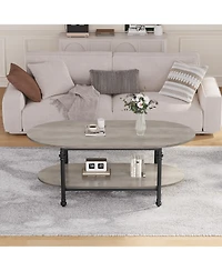 homfan Industrial Oval Coffee Table, 2-Tier Storage Design, Durable Engineered Wood Metal Frame Retro Living Room Furniture