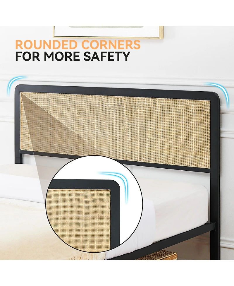 homfan Bed Frame with Storage Space Under The Bed, Bed Frame with Rattan Headboard and Footboard, Sturdy Platform Bed Frame, No Box Spring Needed