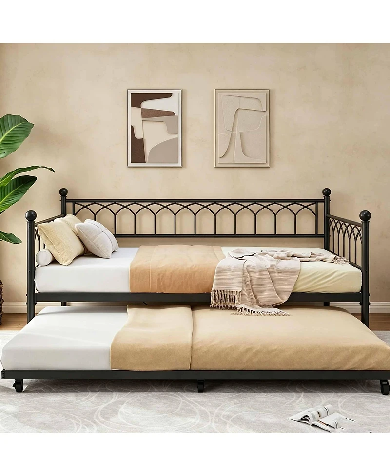 homfan Twin Size Daybed with Trundle, Black Metal Sofa Bed Frame with Steel Slat Support and 350 Lb Capacity for Living Room or Bedroom