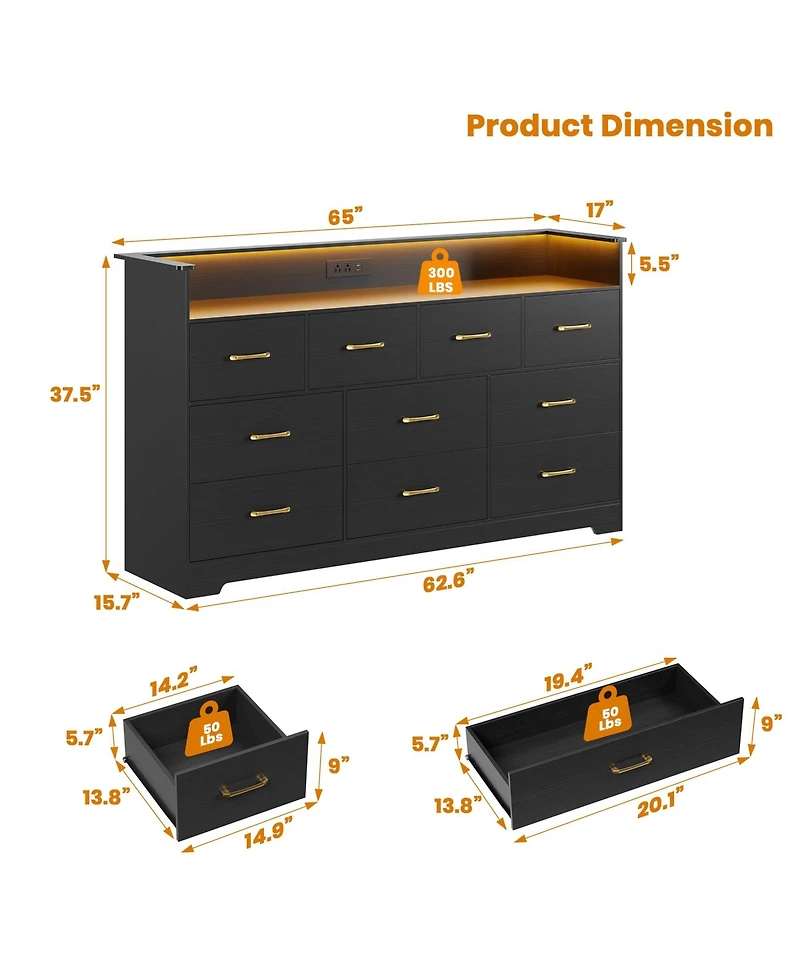 homfan 10 Drawer Dresser Bedroom, 65'' Wide Chest with Led Light and Charging Station, Modern Large Tv Organizer Open Shelf for Living Room