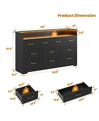 homfan 10 Drawer Dresser Bedroom, 65'' Wide Chest with Led Light and Charging Station, Modern Large Tv Organizer Open Shelf for Living Room