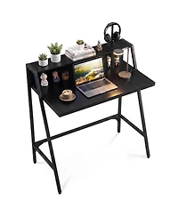 Slickblue Modern Writing Desk with Raised Monitor Shelf and Metal Base