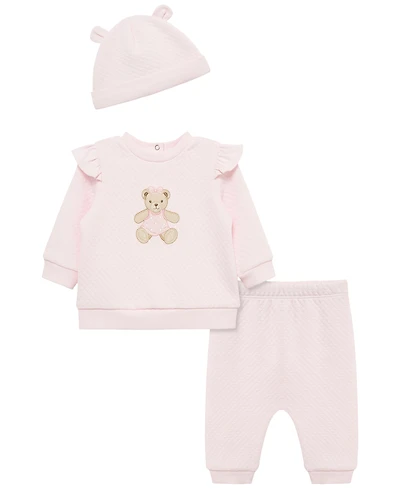 Little Me Baby Girls' Dainty Bears Quilt Long-Sleeve Top, Pants and Hat, 3-Piece Set