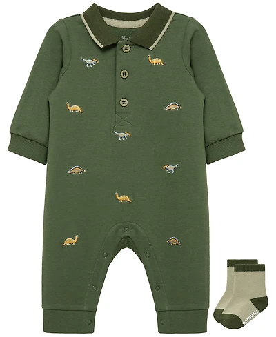 Little Me Baby Girls' Dinos Long-Sleeve Coverall and Socks, 2-Piece Set