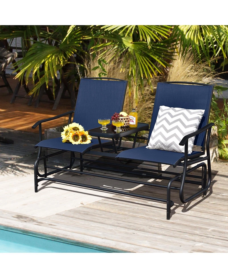 Slickblue Double Rocking Patio Loveseat with Tempered Glass Table and Mesh Fabric