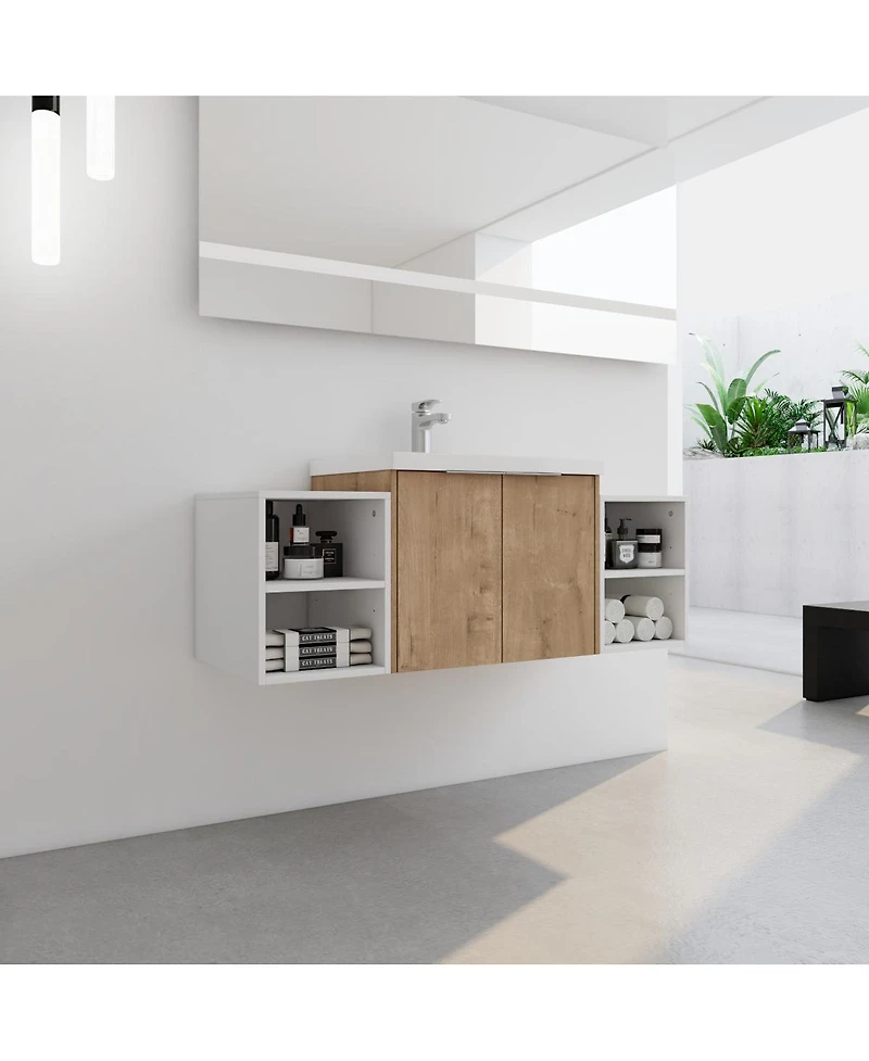 Sillysis 47.6 Inch Wall Mounted Bathroom Vanity with Resin Sink, Plywood Cabinet, Open Storage Shelves for Modern Bathrooms