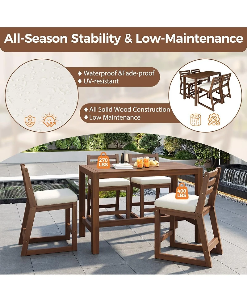 Asagikoiai 5-Piece Outdoor Bar Height Dining Set with Acacia Wood Table and 4 Cushioned Chairs