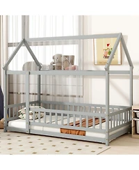 Sailvan House Floor Wooden Bed with Roof Frame,Safety Guardrails