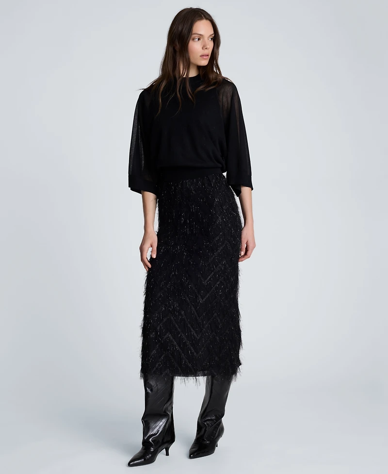 Kenneth Cole Women's Sleeveless Novelty Fringed Organza Midi Dress