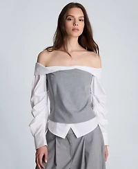 Kenneth Cole Women's Off-The-Shoulder Pleated-Sleeve Bustier Shirt