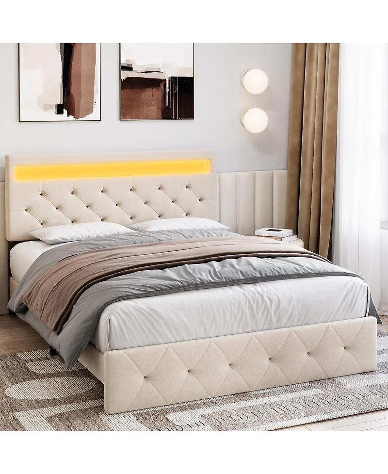 homfan Trendy Padded Platform Bed with Adjustable Headboard, Led Lighting and Charging Outlet, Sturdy Wood Slats, No Box Spring Needed, Easy Assembly