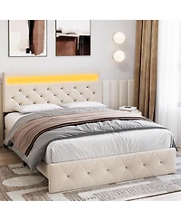 homfan Trendy Padded Platform Bed with Adjustable Headboard, Led Lighting and Charging Outlet, Sturdy Wood Slats, No Box Spring Needed, Easy Assembly
