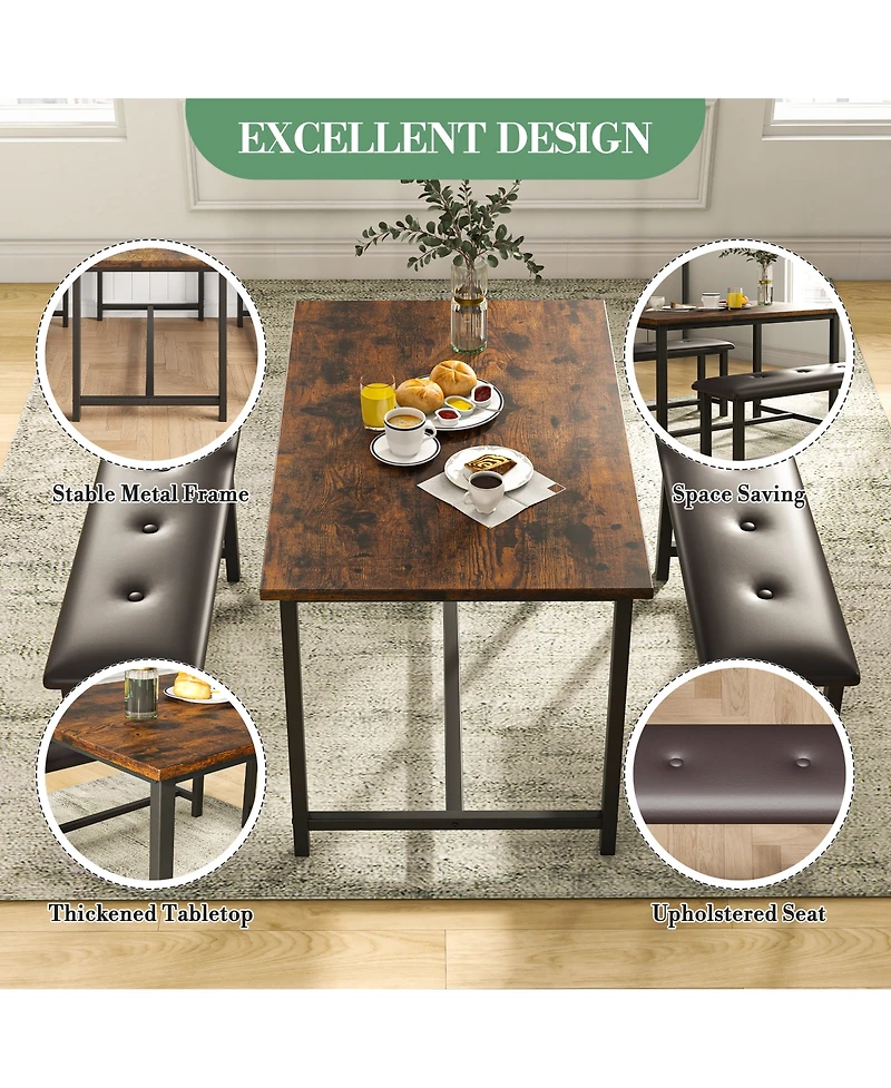 homfan 3-Piece Space-Saving Dining Set, Tufted Cushioned Bench Combo, Reinforced Frame Multi-Purpose Home Kitchen Furniture