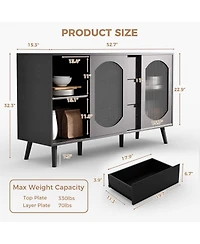 homfan 52.7'' Buffet Cabinet with 2 Fluted Glass Doors, 3 Drawers and Adjustable Shelves, Storage Sideboard for Kitchen, Dining Room or Living Room