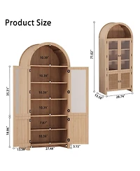 homfan 71-Inch Arched Bookcase with Glass Doors and Rattan Accent, 6-Tier Display Cabinet, Adjustable Shelves