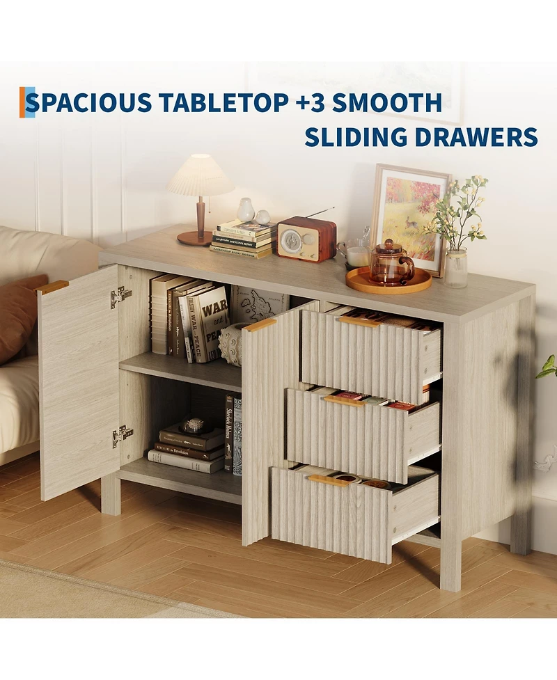 homfan Fluted Sideboard Storage Cabinet with Doors, Drawers and Adjustable Shelves for Dining Room or Living Room