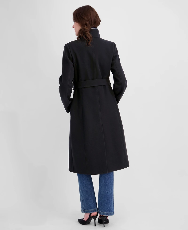 Tahari Women's Belted Faux-Leather Trimmed Funnel Neck Coat