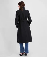 Tahari Women's Belted Faux-Leather Trimmed Funnel Neck Coat