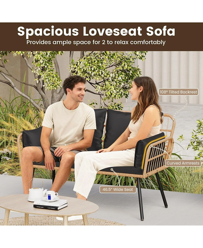 Gymax Patio Wicker Loveseat Furniture w/Seat Back Cushions Heavy-Duty Metal Legs Outdoor