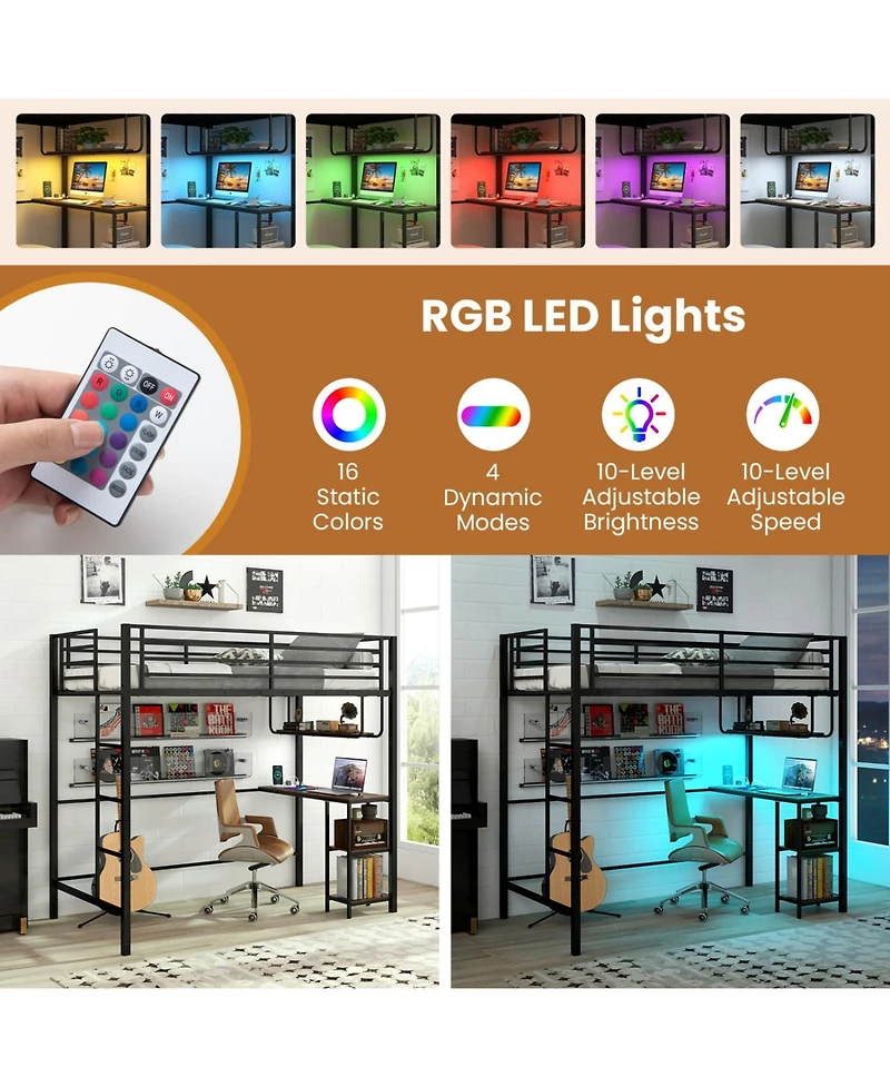 Slickblue Functional Twin Loft Bed with Desk, Led Lighting, and Built-In Charging