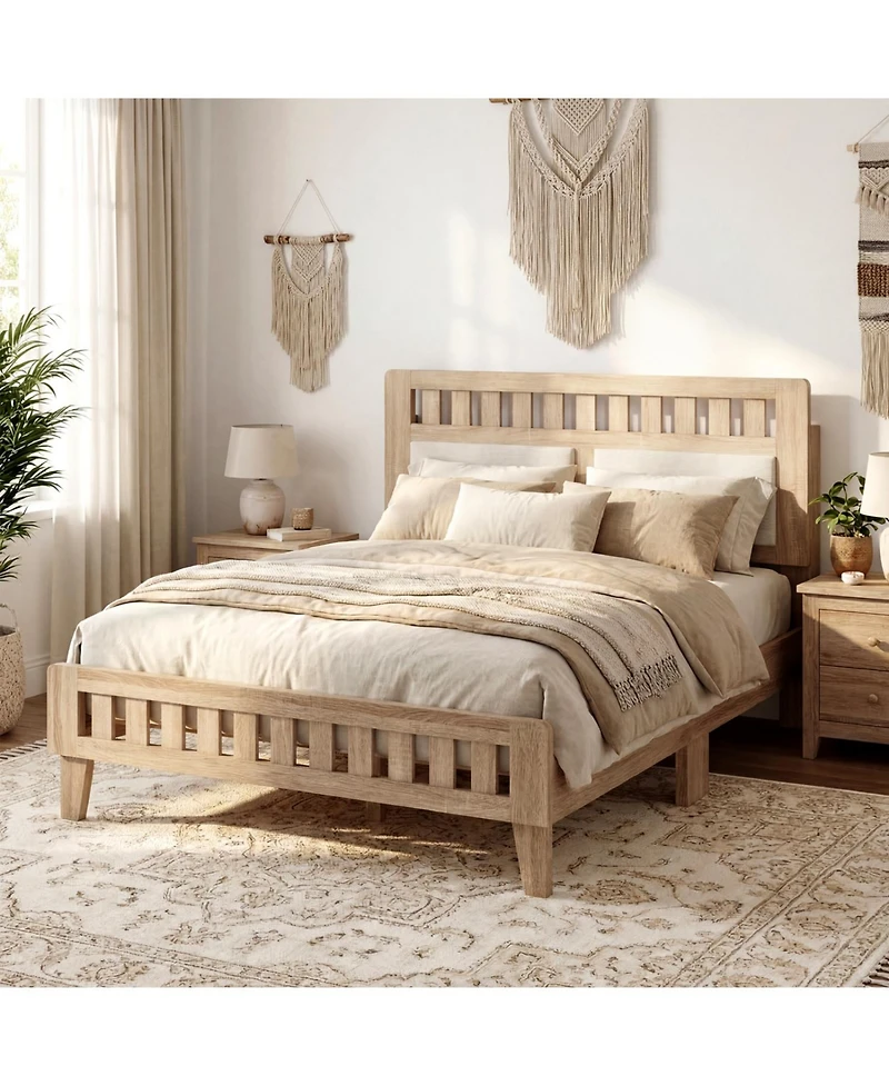 Slickblue Mid-Century Modern Bed Frame with Wood Base and Upholstered Headboard