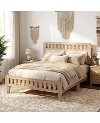Slickblue Mid-Century Modern Bed Frame with Wood Base and Upholstered Headboard