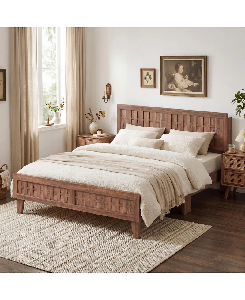 Slickblue Queen Size Bed Frame with Woven Headboard, Mid-Century Style Furniture