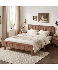 Slickblue Queen Size Bed Frame with Woven Headboard, Mid-Century Style Furniture