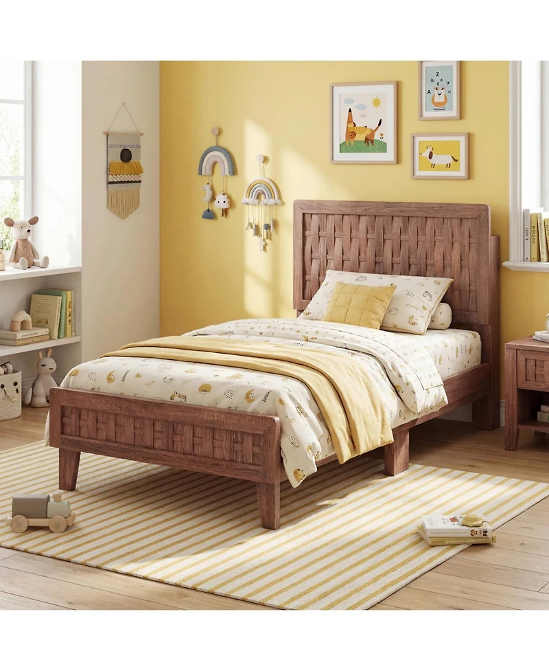 Slickblue Platform Bed Frame Mid Century Style with Woven Accent Headboard