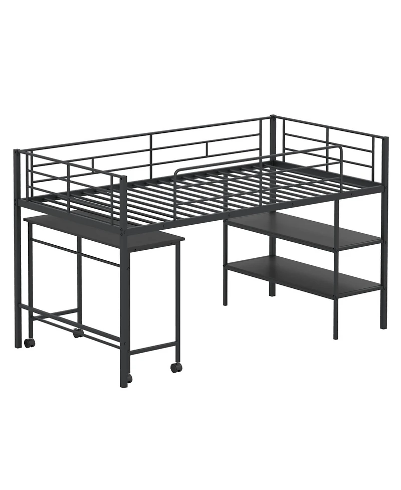 Slickblue Twin Loft Bed Frame with Rolling Desk and Built-In Bookshelf Storage
