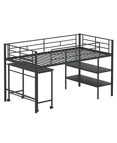 Slickblue Twin Loft Bed Frame with Rolling Desk and Built-In Bookshelf Storage