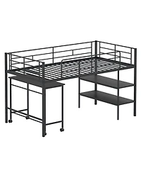 Slickblue Twin Loft Bed Frame with Rolling Desk and Built-In Bookshelf Storage