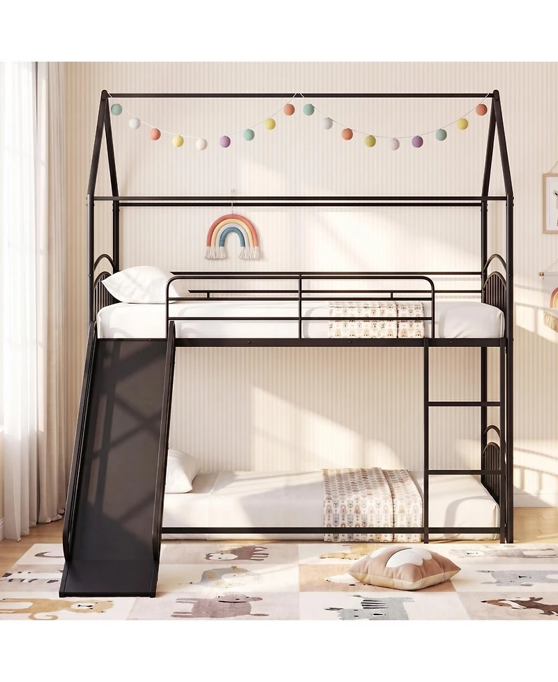 Slickblue House Bunk Bed Twin Over with Metal Slats and Sturdy Frame Design