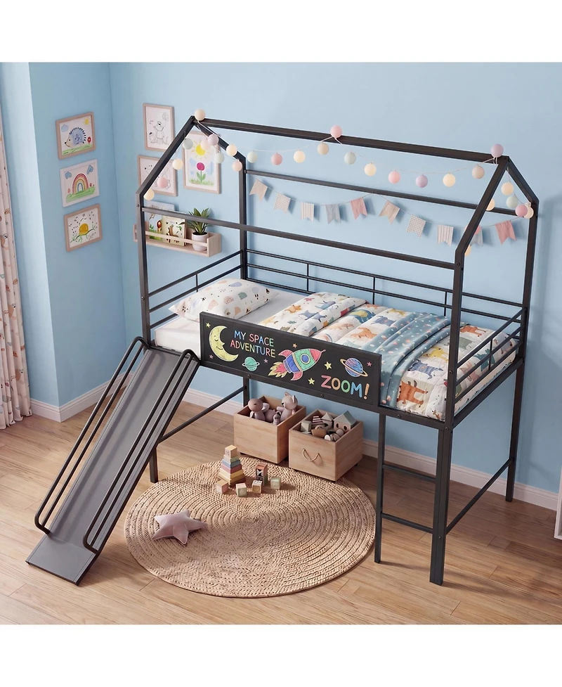 Slickblue Kids Loft Bed Twin with Ladder and Slide Playful Bedroom