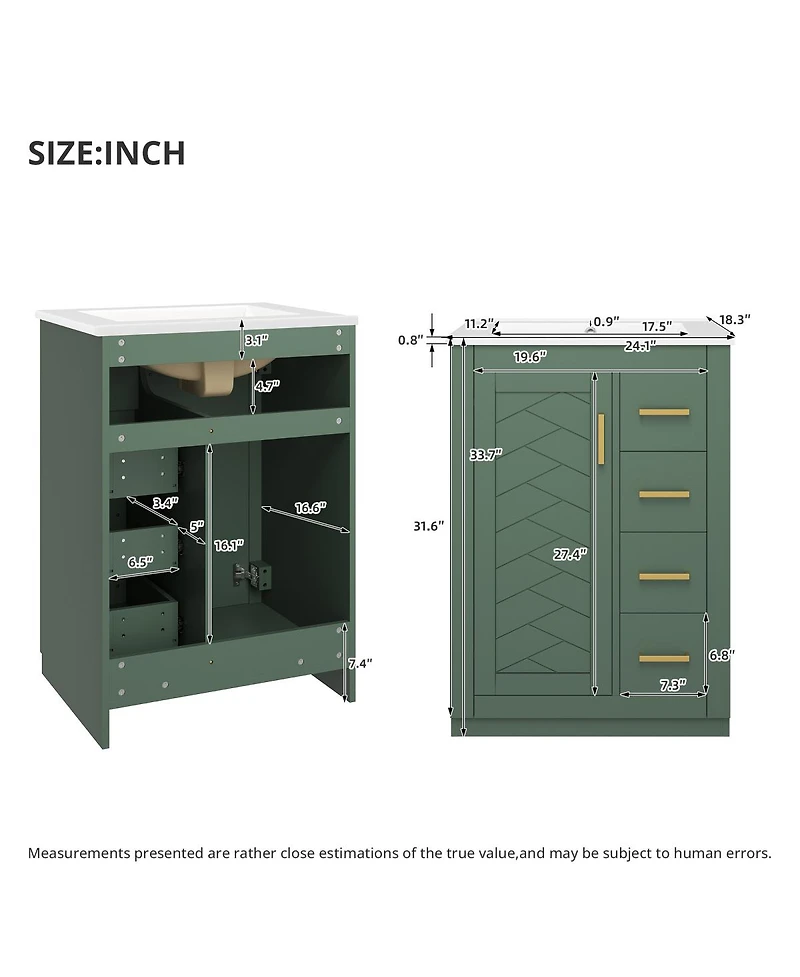 Sillysis 24 Inch Modern Bathroom Vanity with Sink, Solid Wood Mdf Cabinet with 3 Soft Close Drawers, Space-Saving Storage