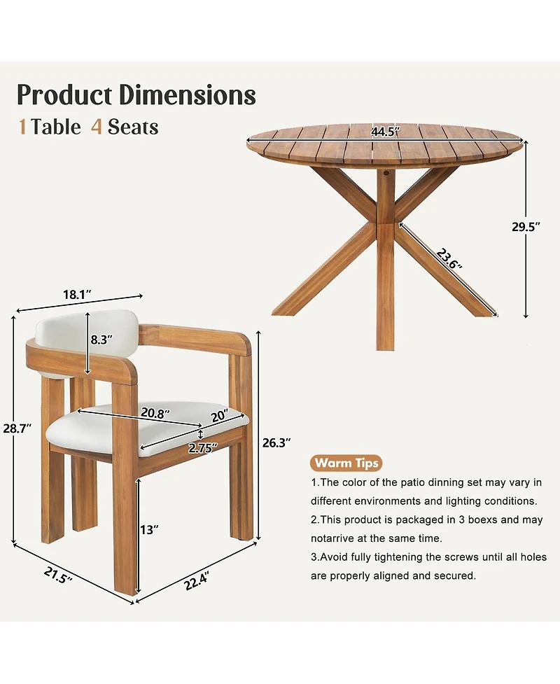 Asagikoiai 5 Piece Outdoor Acacia Wood Round Dining Set with Cushioned Chairs for Patio or Garden