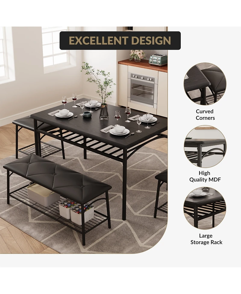 homfan 4-Piece Storage Dining Set, Pu Padded Bench and Stools, Space Saving Engineered Wood Kitchen Furniture