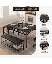homfan 4-Piece Storage Dining Set, Pu Padded Bench and Stools, Space Saving Engineered Wood Kitchen Furniture