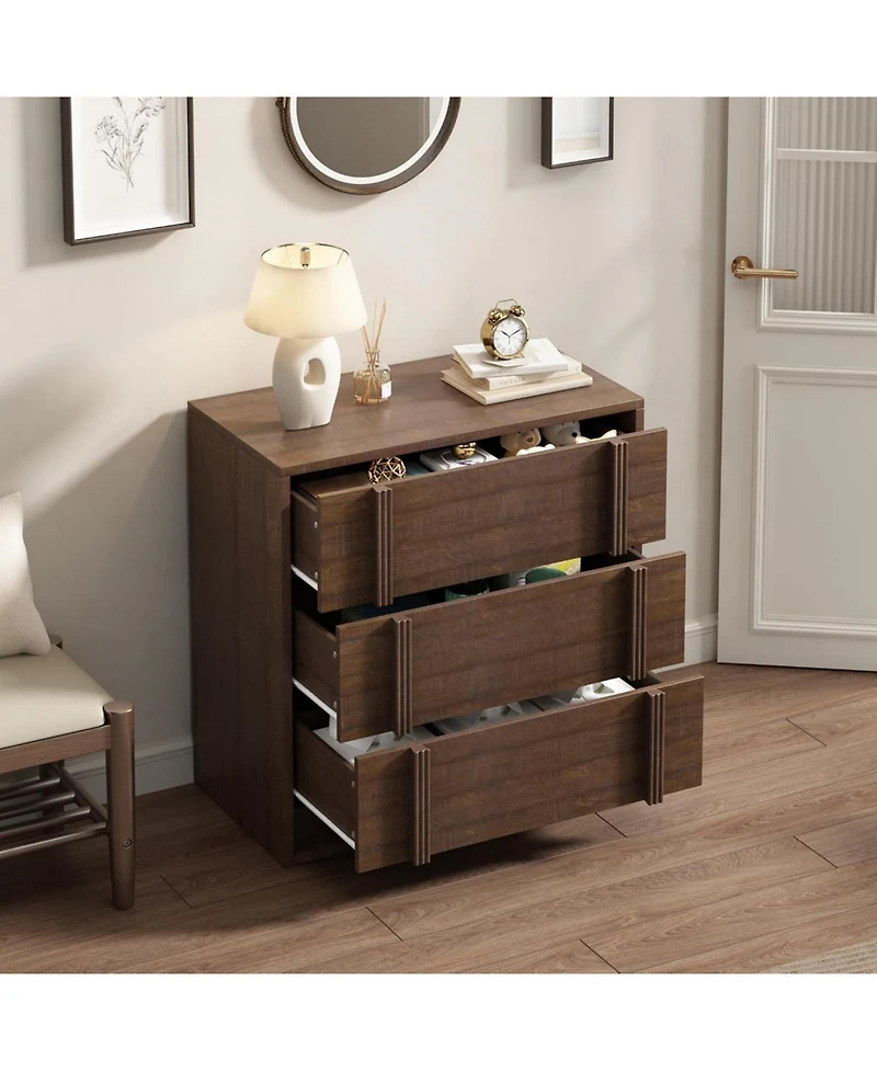 homfan 3-Drawer Red-Brown Storage Cabinet Modern Nightstand with Vertical Handle for Bedroom or Living Room