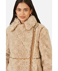 Yumi Women's Textured Borg Long Line Biker Coat
