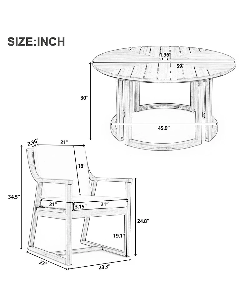 Asagikoiai 7 Piece Wooden Patio Dining Set with Umbrella Hole and Cushioned Chairs